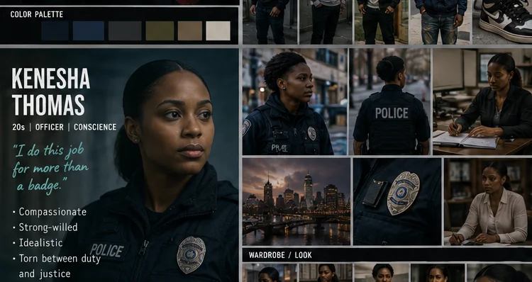 Kenesha Thomas character and costume board &mdash; officer, conscience, torn between duty and justice