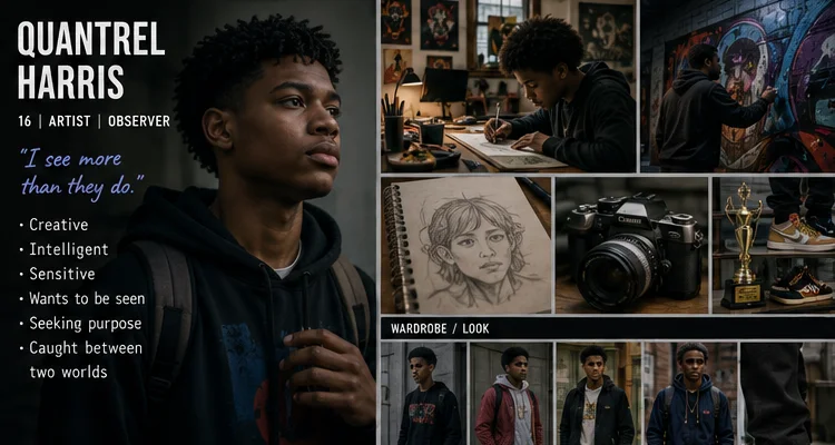 Quantrel Harris character and costume board &mdash; artist, observer, caught between two worlds